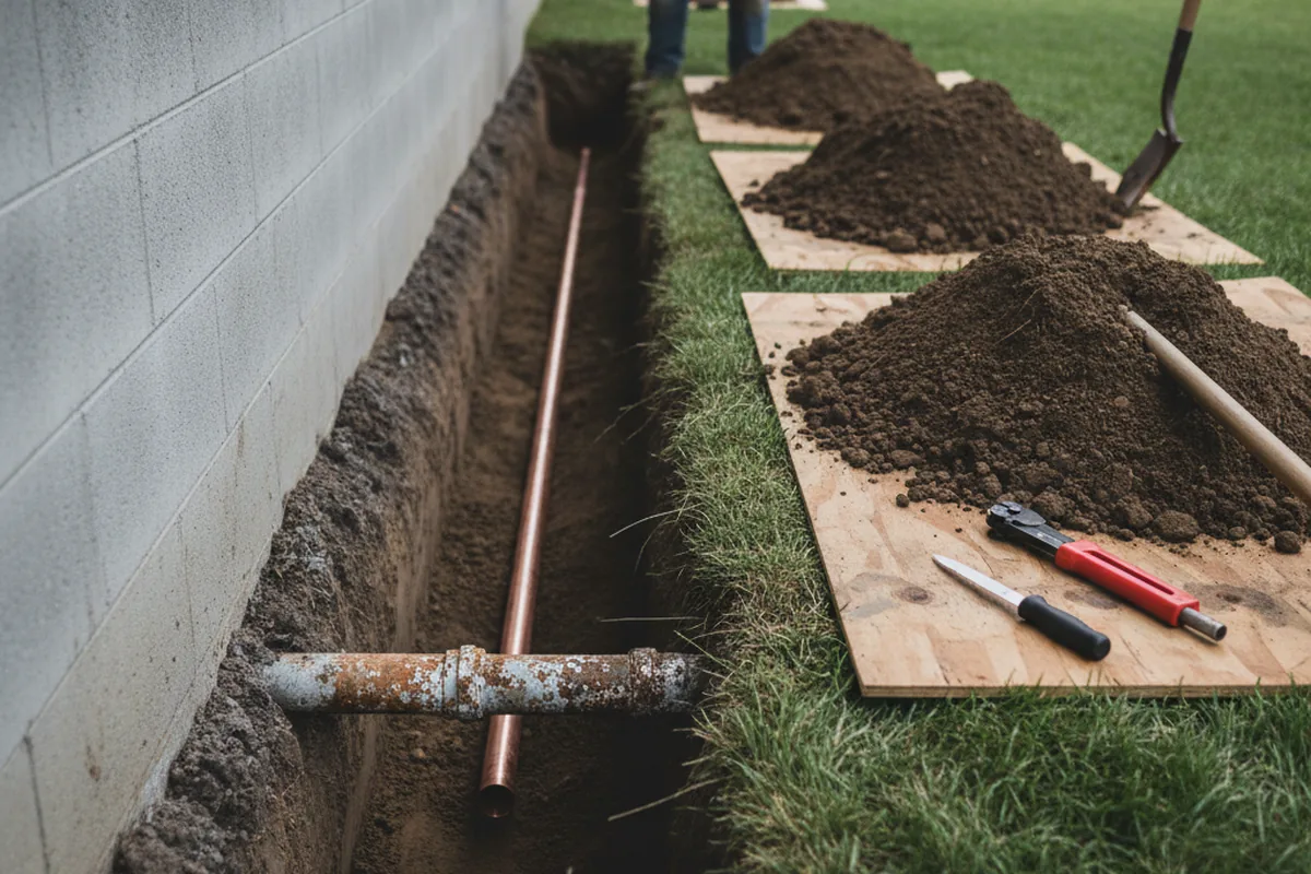 Excavated water line trench during Sewer Line Repair in Motley